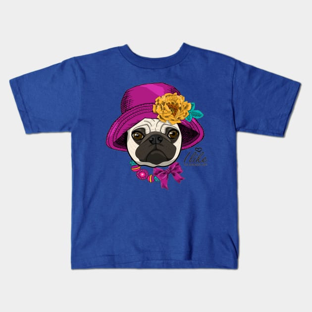 Vector dog with hat, yellow flower and nacklace. Hand drawn illustration of dressed pug Kids T-Shirt by amramna